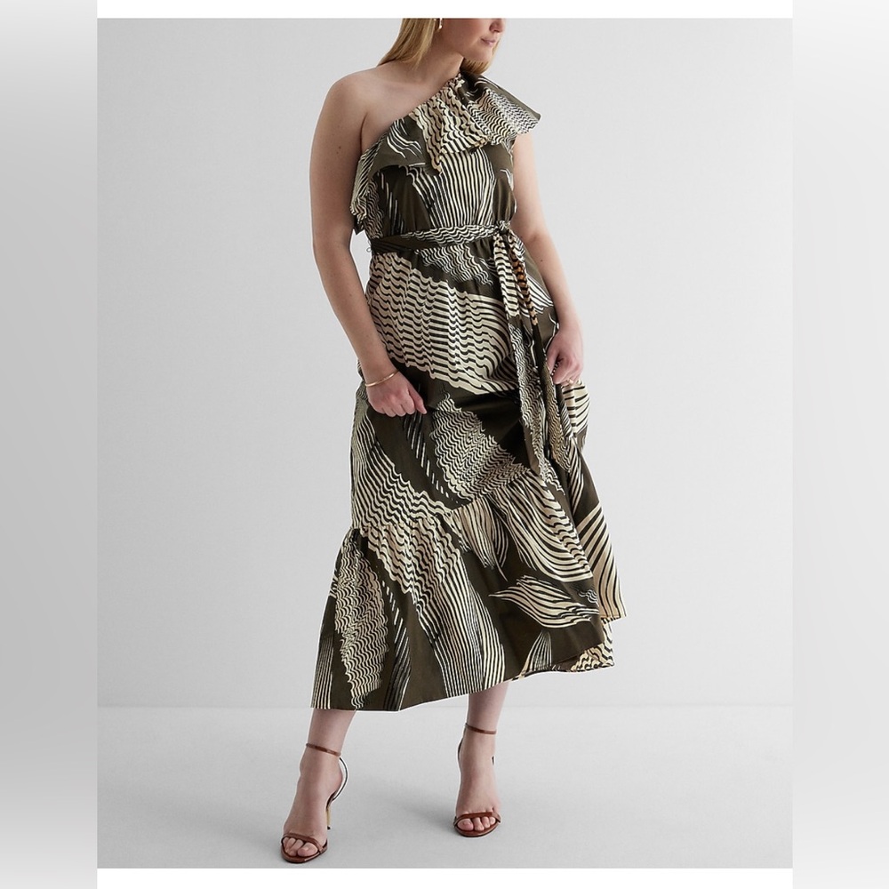 Express Olive and White One-Shoulder Maxi Dress - Picture 12 of 16